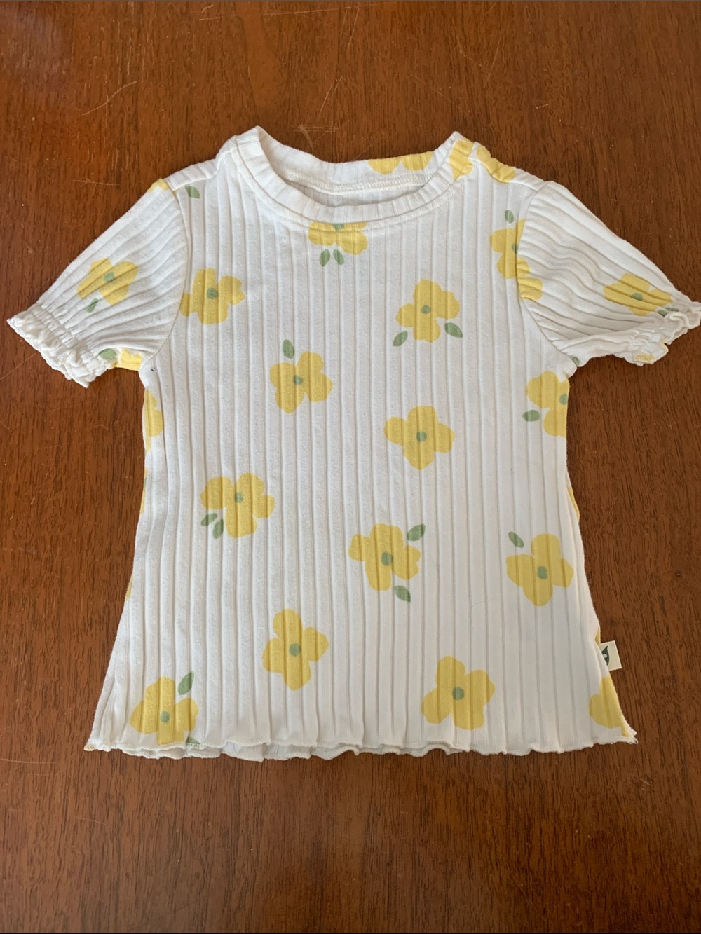 🍊5/$25 Easy Peasy Organic Cream Ribbed Tee with Yellow Floral Print 18m